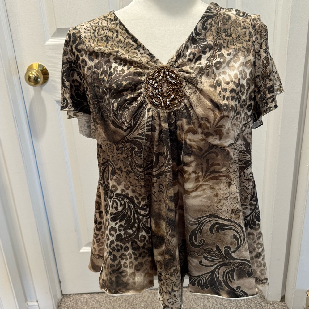 Roz & Ali Brown Patterned Blouse with Embellishment